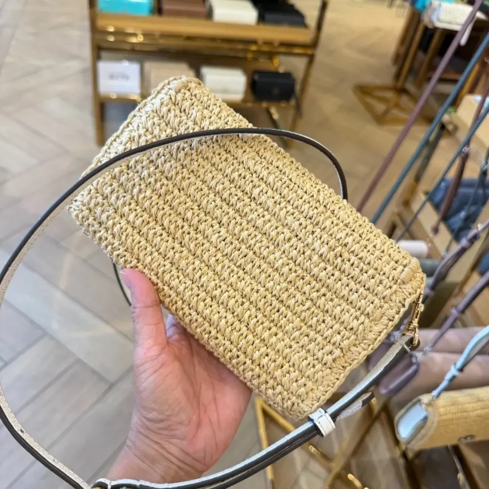 Tory Burch Thea Raffia Flat Wallet Crossbody 180152 Raffia / Ice Crystal $525 - Picture 3 of 9